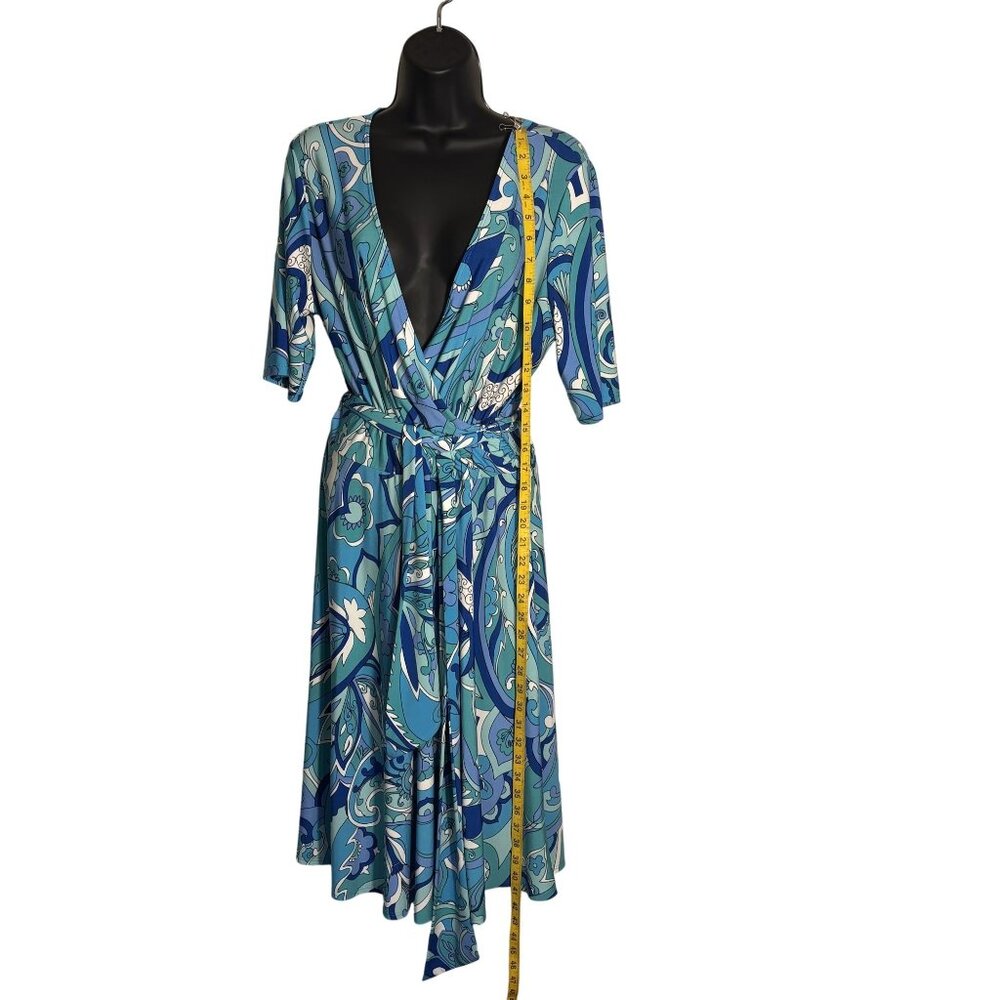 Donna Morgan Wrap Dress Blue Abstract Print Size 14 Polyester/Spandex Made In US - Picture 7 of 8